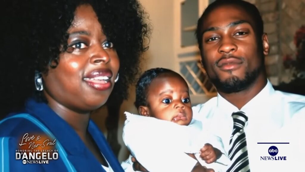 Ex‑wife Angie Stone with D’Angelo and their young son in a family photo featured during the ABC News tribute.