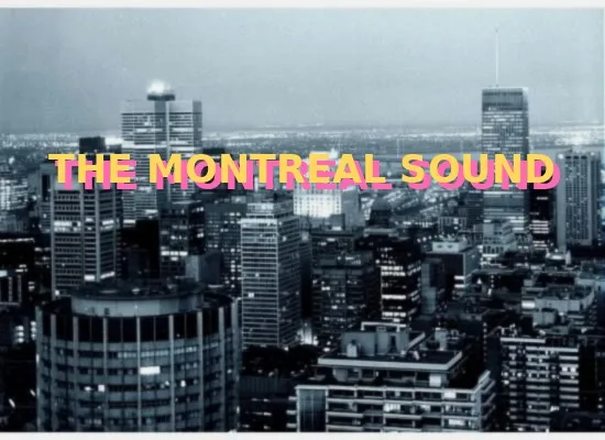 Montreal skyline cityscape with stylized “The Montreal Sound” disco typography representing the Hi-NRG dance movement era