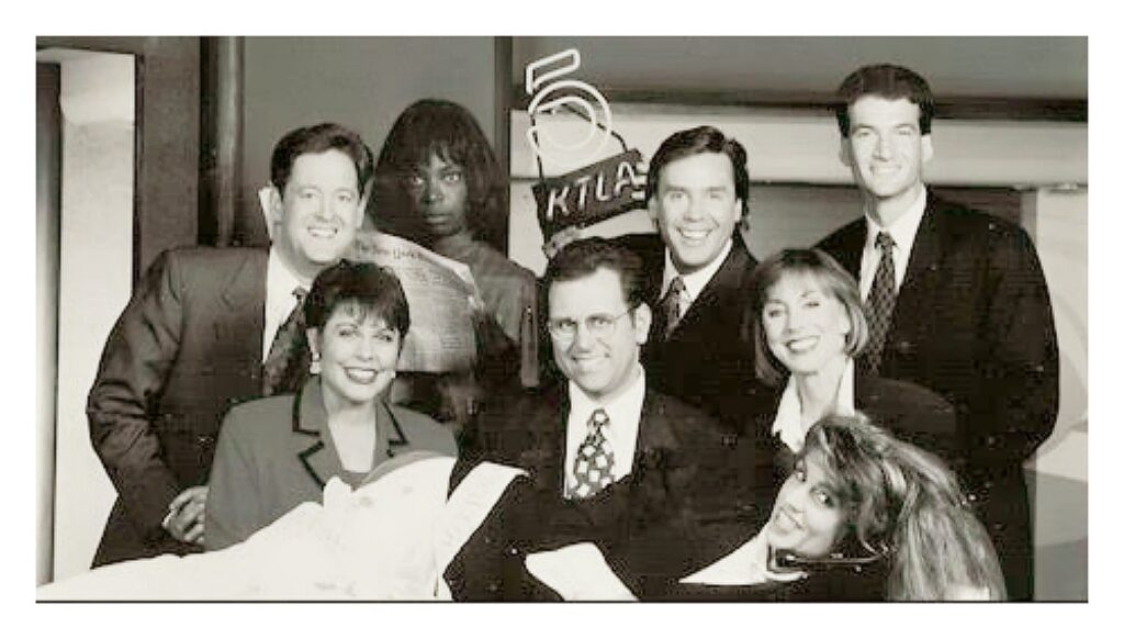 Early KTLA Morning News team posed together in a black and white studio group photo in Los Angeles