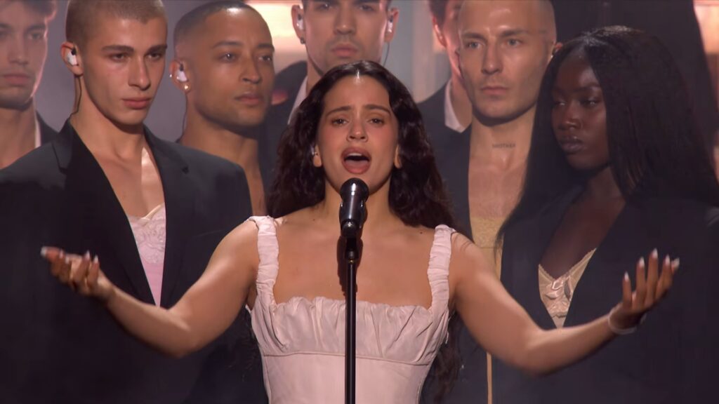 Rosalía performing “Bergain” live at the BRIT Awards 2026 with full orchestra and dramatic staging.