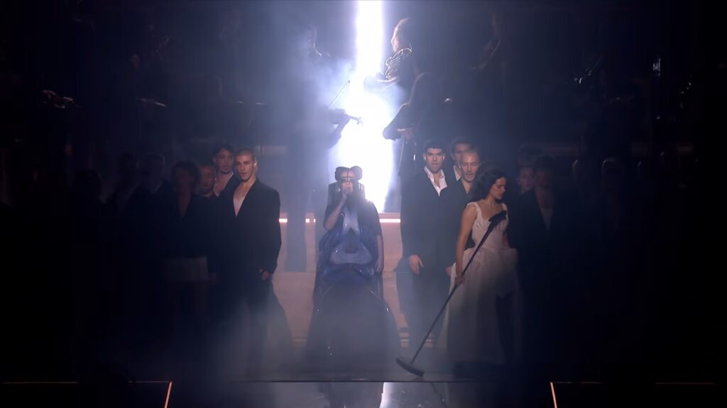 Björk making a rare onstage appearance during Rosalía’s “Bergain” performance at the BRIT Awards 2026.