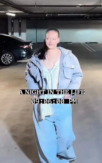 Rihanna walking through a parking structure during her “A Night in the Life” Reel