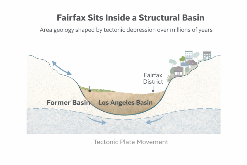 Cross-section diagram showing the Fairfax District located inside the Los Angeles Basin, a sediment-filled tectonic depression beneath present-day ground level.
