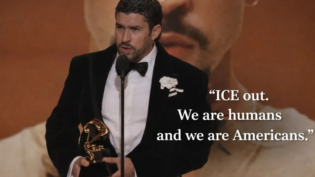 Bad Bunny delivers an acceptance speech while holding his Grammy Award at the 2026 Grammy Awards