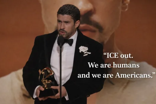 Bad Bunny delivers an acceptance speech while holding his Grammy Award at the 2026 Grammy Awards