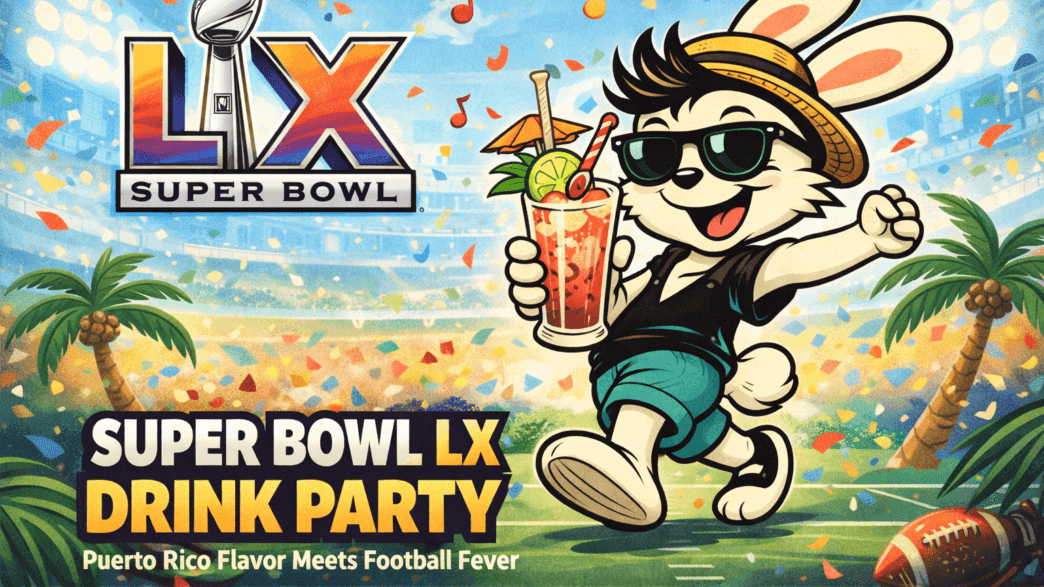 Super Bowl drink party header featuring a retro cartoon bunny holding a tropical rum cocktail with football stadium and confetti backdrop