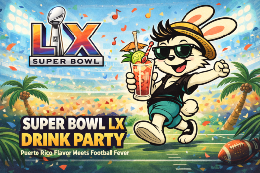 Super Bowl drink party header featuring a retro cartoon bunny holding a tropical rum cocktail with football stadium and confetti backdrop