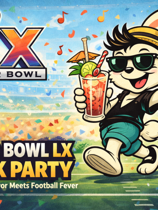 Super Bowl drink party header featuring a retro cartoon bunny holding a tropical rum cocktail with football stadium and confetti backdrop