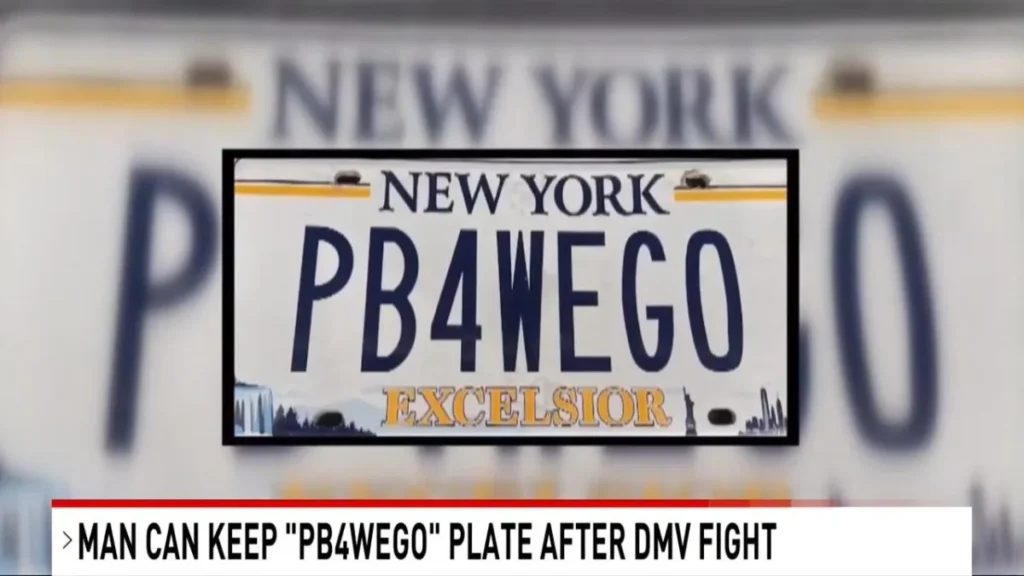 Close-up of the “PB4WEGO” vanity plate mounted on a Long Island car after being reinstated.