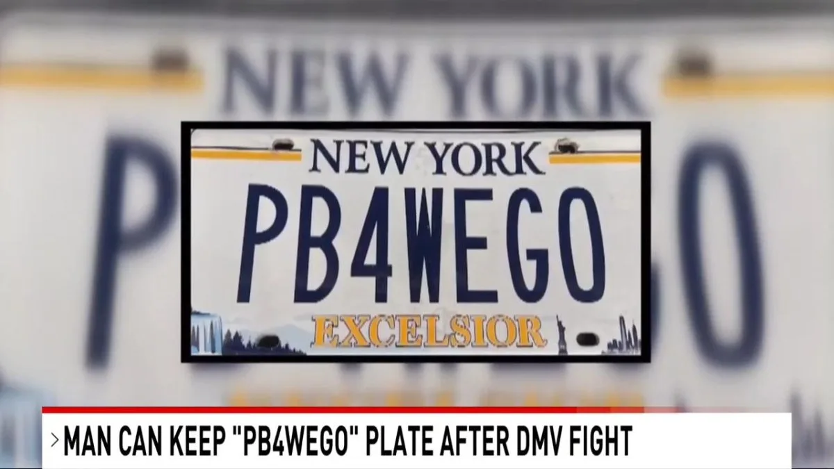 Long Island grandfather Seth Bykofsky holding or standing near his “PB4WEGO” license plate after winning his DMV dispute.