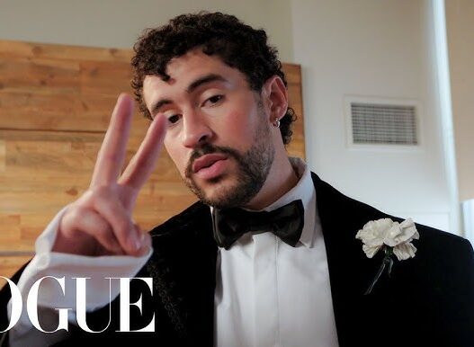 Bad Bunny getting ready in his Schiaparelli look for the 2026 Grammy Awards