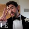 Bad Bunny getting ready in his Schiaparelli look for the 2026 Grammy Awards