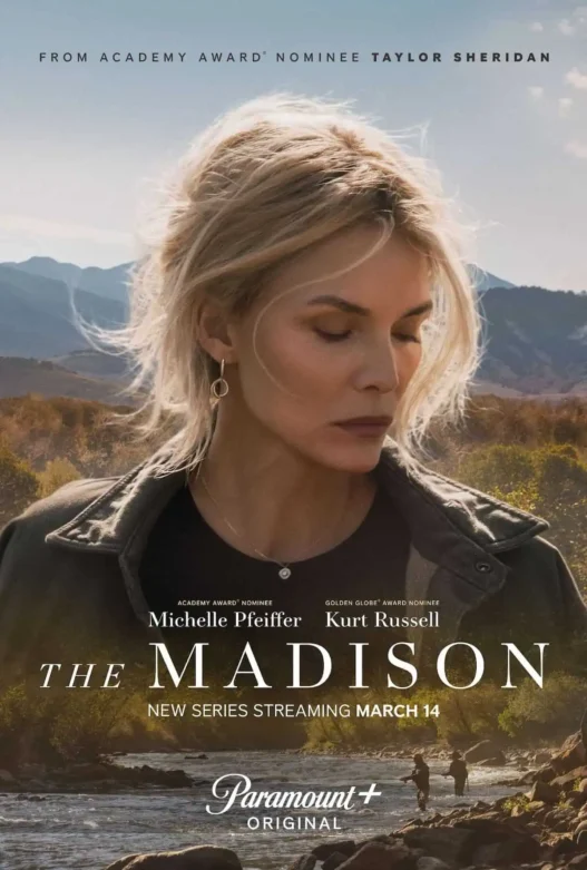Michelle Pfeiffer and Kurt Russell in the Paramount+ series “The Madison,” set against Montana’s Madison River Valley