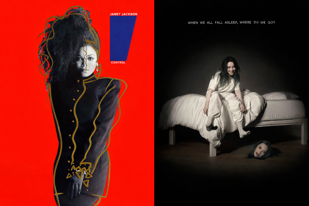 Side-by-side album covers of Janet Jackson’s Control (1986) and Billie Eilish’s When We All Fall Asleep, Where Do We Go? (2019), highlighting two generational moments of artistic independence.
