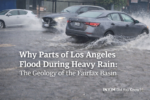 Cars drive through deep floodwater on Melrose Avenue in Los Angeles during heavy rain, highlighting stormwater pooling in the Fairfax Basin.
