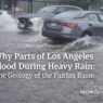 Cars drive through deep floodwater on Melrose Avenue in Los Angeles during heavy rain, highlighting stormwater pooling in the Fairfax Basin.