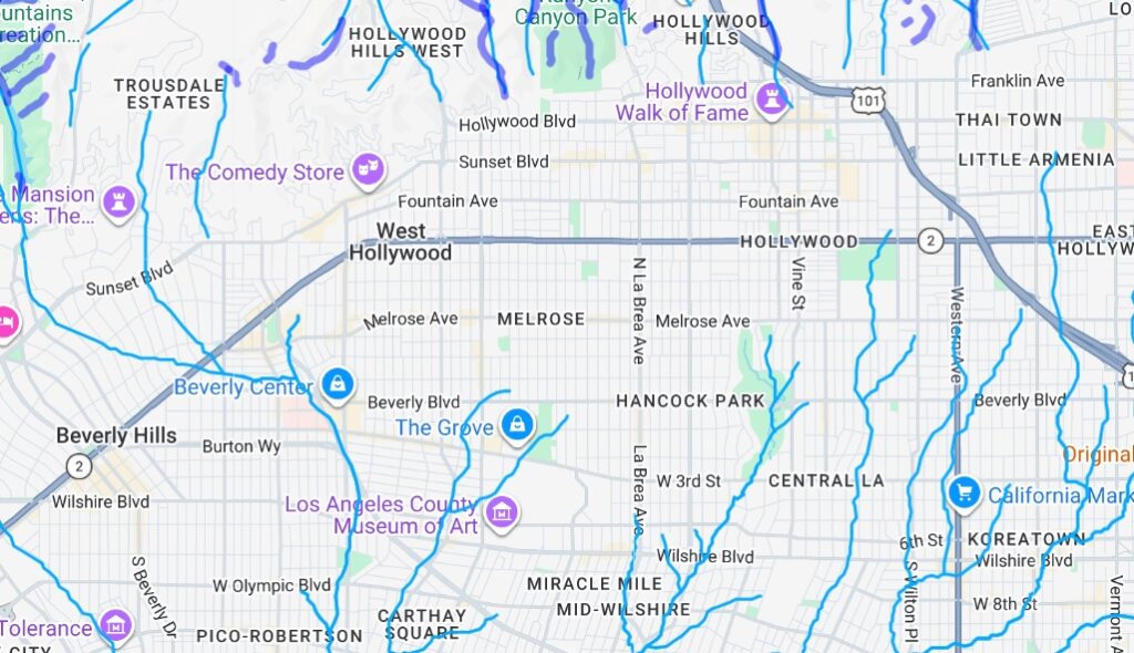 Map showing former and current creek paths in the Hollywood and Mid-Wilshire areas of Los Angeles, including runoff channels through Fairfax and Miracle Mile.