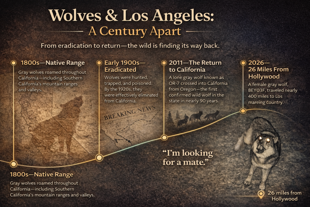 Gray wolf history timeline in Los Angeles showing native range in the 1800s, eradication in the early 1900s, OR-7’s 2011 return to California, and the 2026 LA County sighting 26 miles from Hollywood.