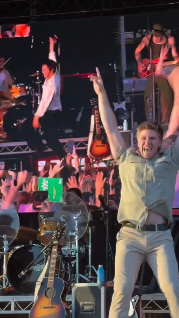 Robert Irwin dancing on stage during Laneway Festival 2026 with waist line and underwear showing