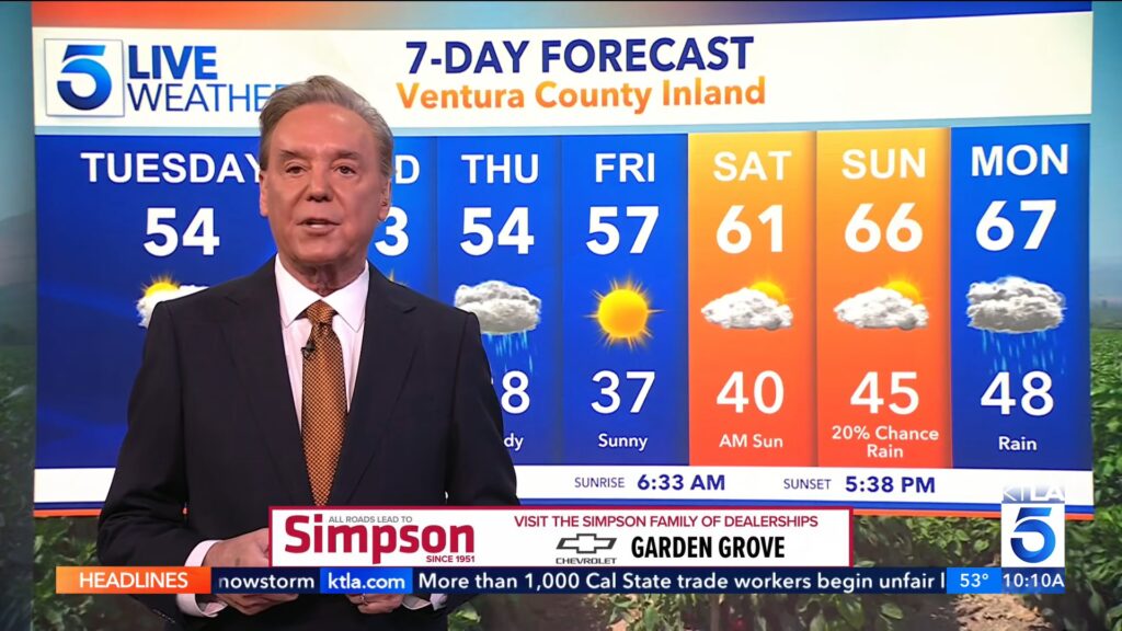 Mark Kriski delivering the Ventura County 7-day forecast on KTLA 5, highlighting his decades-long presence as a trusted Los Angeles morning weather man.