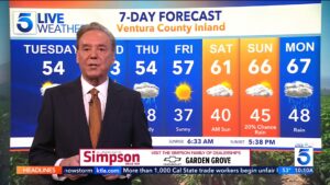 Mark Kriski delivering the Ventura County 7-day forecast on KTLA 5, highlighting his decades-long presence as a trusted Los Angeles morning weather man.