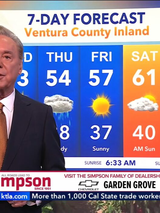 Mark Kriski delivering the Ventura County 7-day forecast on KTLA 5, highlighting his decades-long presence as a trusted Los Angeles morning weather man.