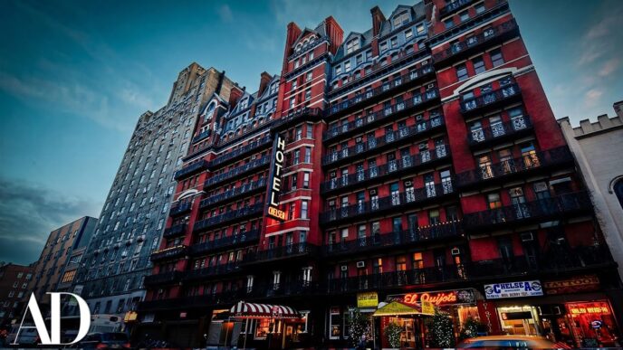 The restored Hotel Chelsea exterior showcasing its Victorian Gothic Revival architecture