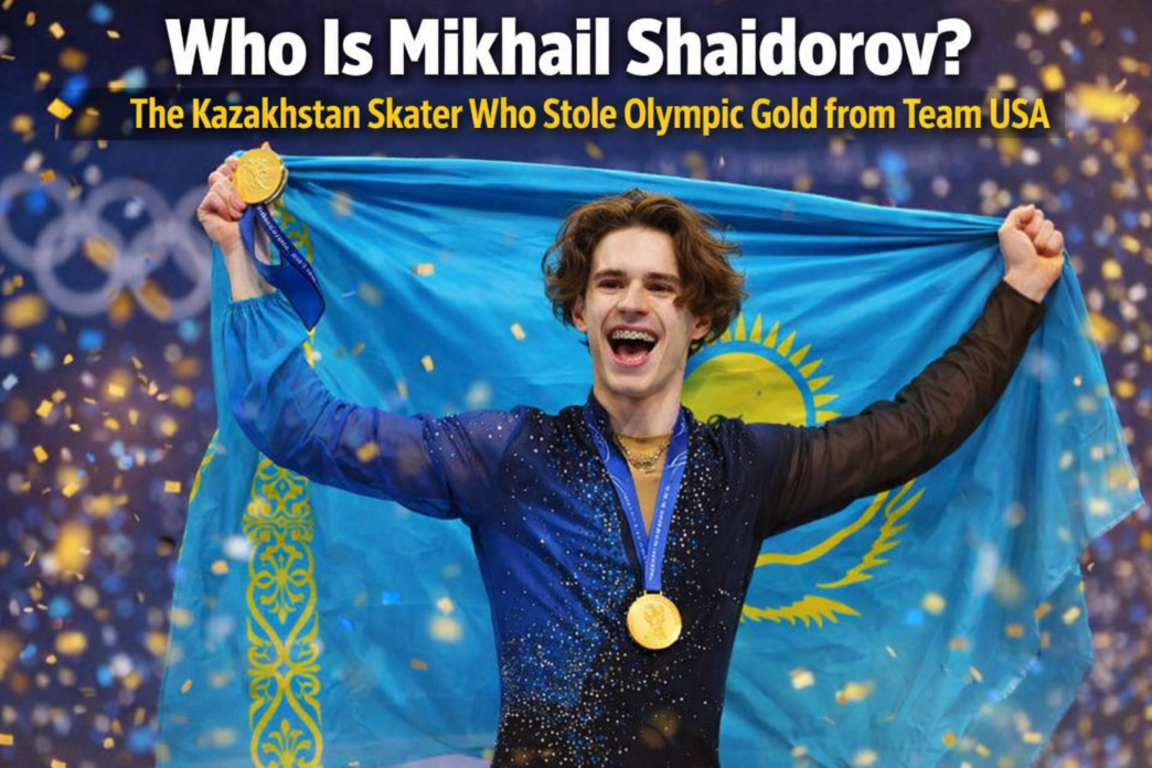 Mikhail Shaidorov of Kazakhstan celebrates after winning Olympic gold in men’s figure skating at the Milano Cortina Winter Games, holding his medal as confetti falls.