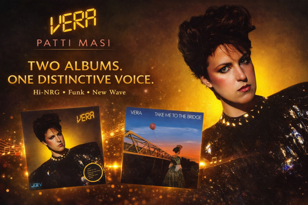 Past Blast Music promotional banner featuring Vera (Patti Masi) celebrating her albums Joey and Take Me To The Bridge with Hi-NRG, funk and new wave themes