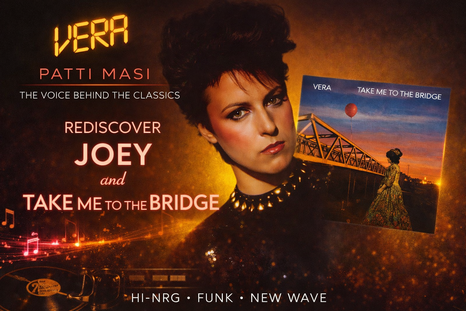 Promotional banner for Past Blast Music featuring Vera (Patti Masi) celebrating her albums Joey and Take Me To The Bridge with Hi-NRG, funk and new wave themes