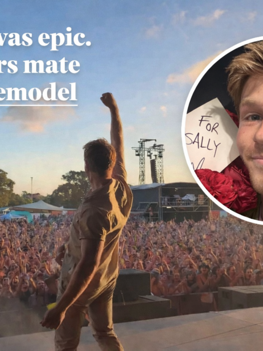 Robert Irwin onstage at Laneway Festival 2026 in Perth with his fist raised toward a packed sunset crowd, featuring a circular inset of his face holding red roses and a handwritten “For Sally” note.