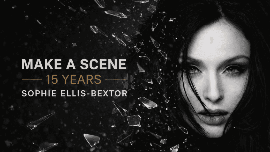 Sophie Ellis-Bextor celebrates 15 years of Make a Scene in a modern black-and-white anniversary image with shattered glass accents