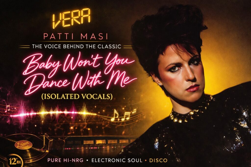 Vera (Patti Masi) promotional artwork for Baby Won’t You Dance With Me isolated vocals featuring Hi-NRG dance aesthetic