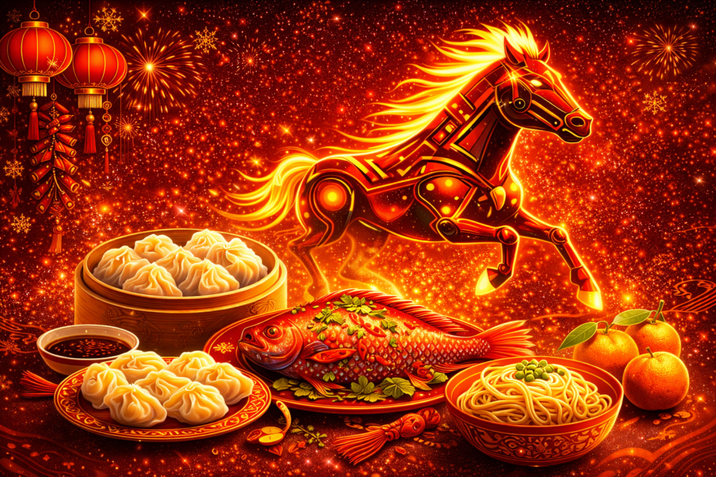 Year of the Fire Horse 2026 Lunar New Year image showing traditional foods for prosperity, abundance, and long life