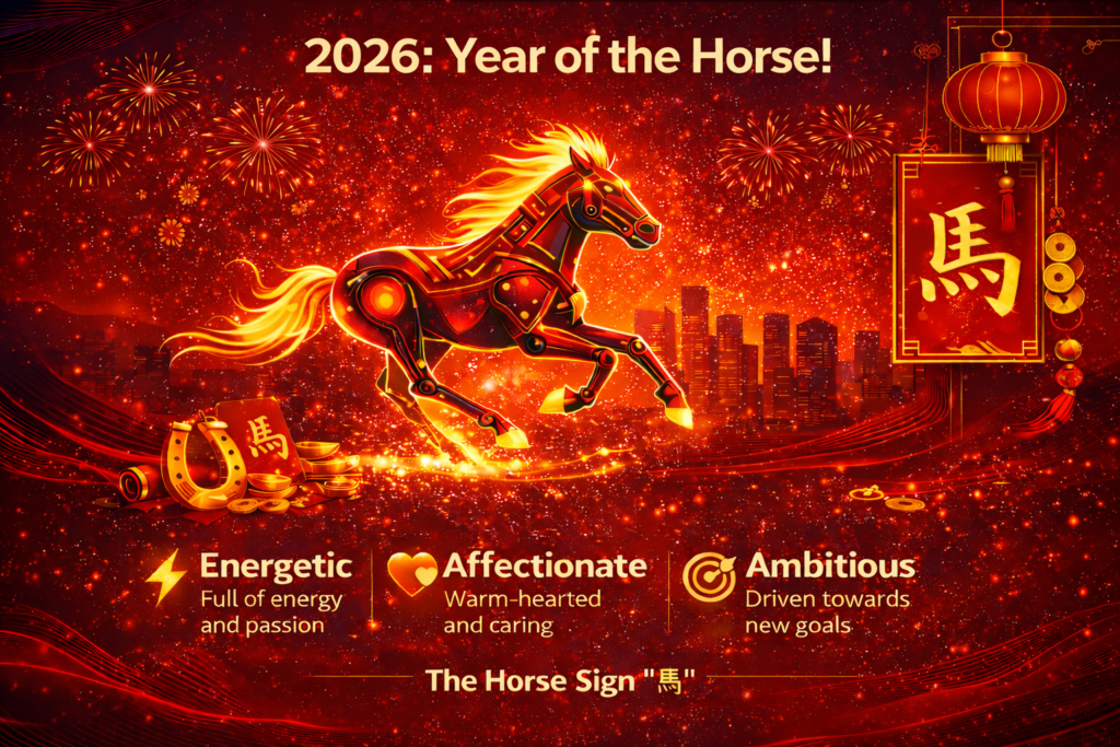 Year of the Fire Horse 2026 Lunar New Year graphic in red and gold with modern celebratory design