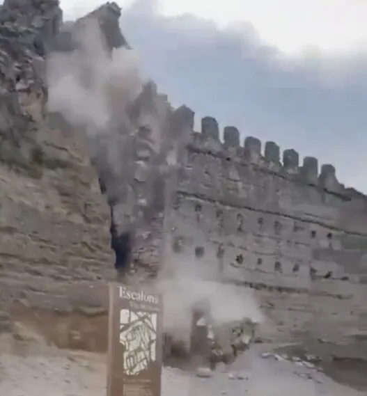 Moment the Escalona Castle tower collapses in Toledo, Spain