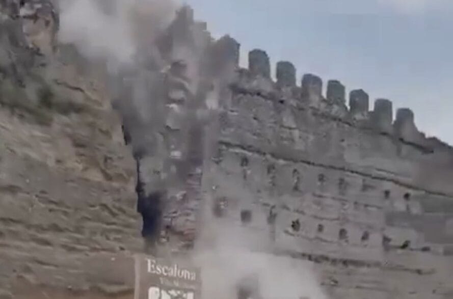 Moment the Escalona Castle tower collapses in Toledo, Spain
