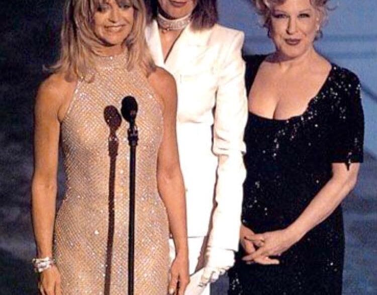 Diane Keaton, Goldie Hawn and Bette Midler presenting Andrew Lloyd Webber and Tim Rice at the 1997 Academy Awards