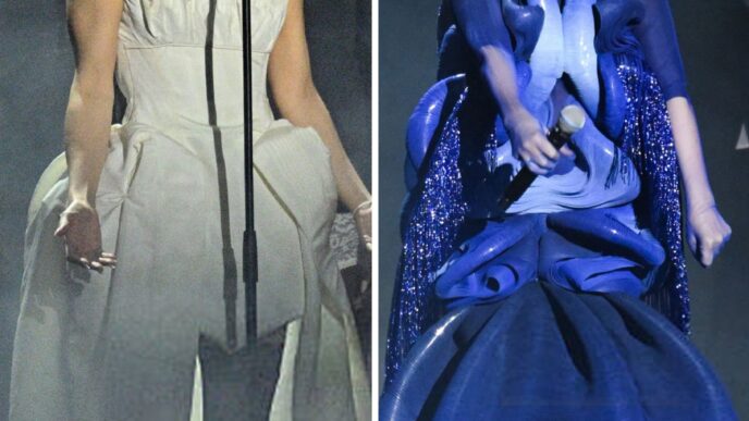 Rosalía performing “Bergain” with Björk at the BRIT Awards 2026 with full orchestra and dramatic staging