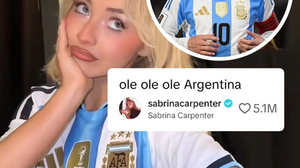Sabrina Carpenter dancing in a Lionel Messi Argentina jersey while lip‑syncing to Bad Bunny.