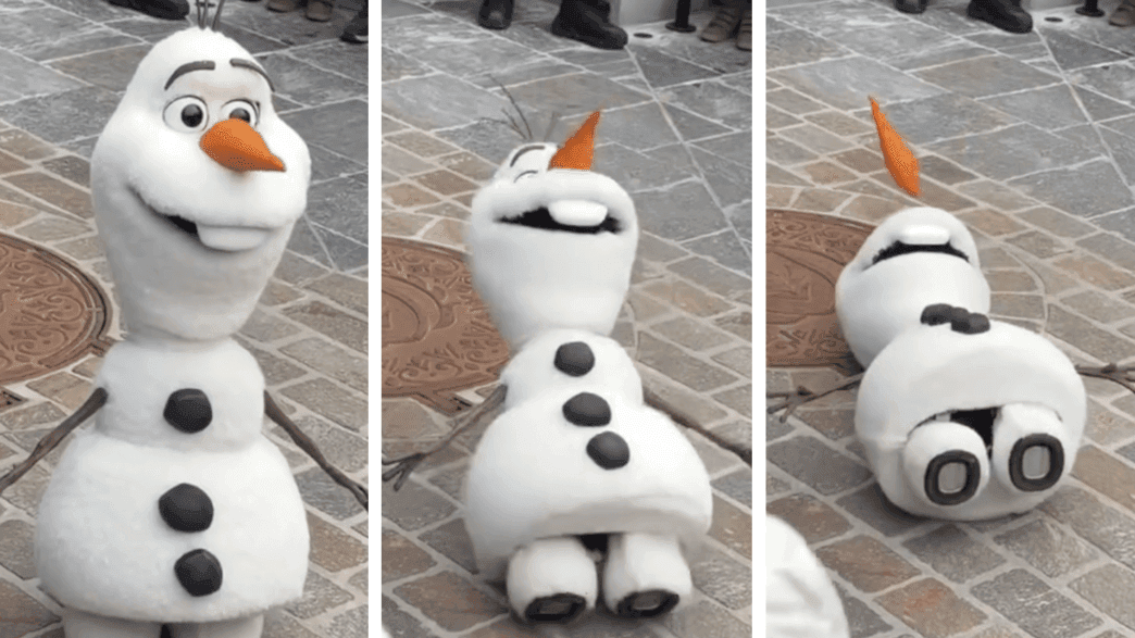 Olaf robot collapsing during a malfunction at Disneyland Paris.