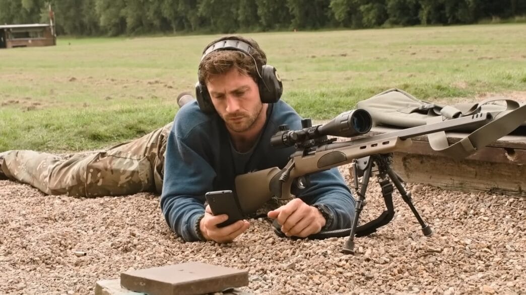 Aaron Taylor-Johnson at a rifle range in the military heist thriller Fuze.