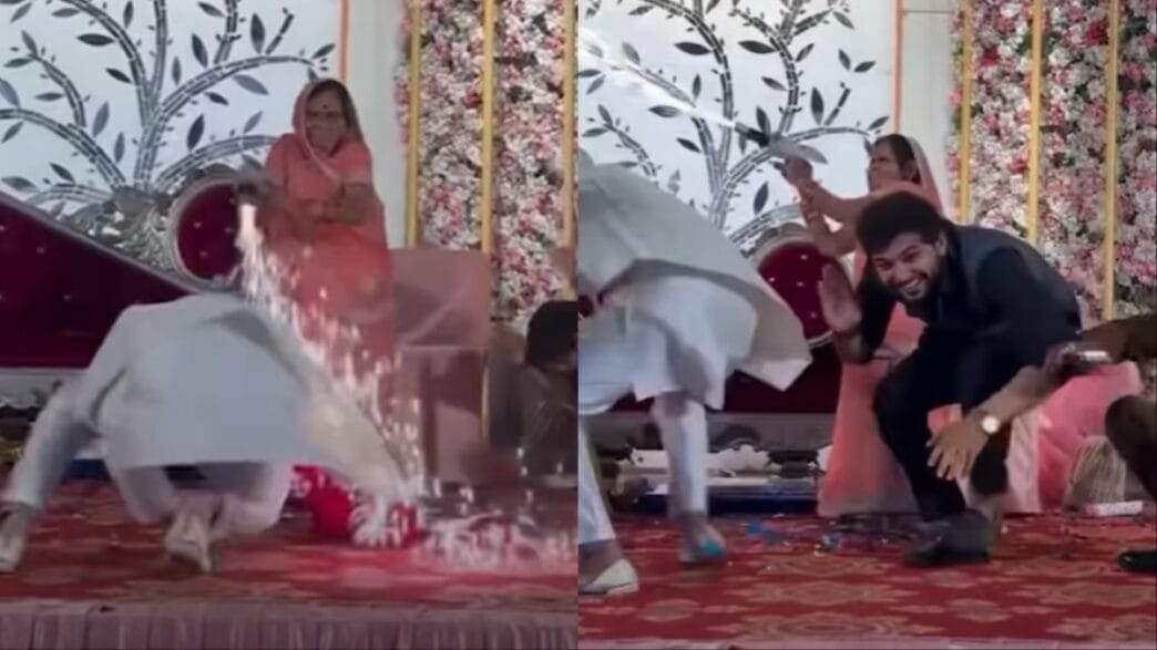 Grandmother firing a pyro gun at a wedding as guests scatter in a viral moment.