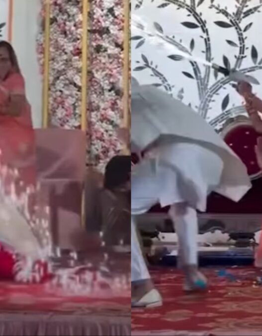 Grandmother firing a pyro gun at a wedding as guests scatter in a viral moment.