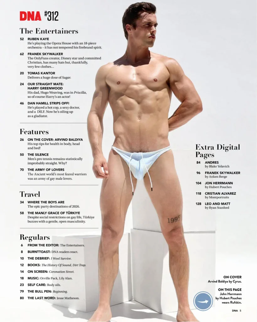 Jon Herrmann posing in Rufskin for DNA magazine
