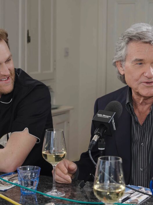 Kurt Russell and Wyatt Russell during their Table Manners podcast appearance.