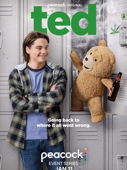 The theatrical poster for Peacock’s “Ted” series featuring the foul‑mouthed teddy bear in his signature comedic pose.