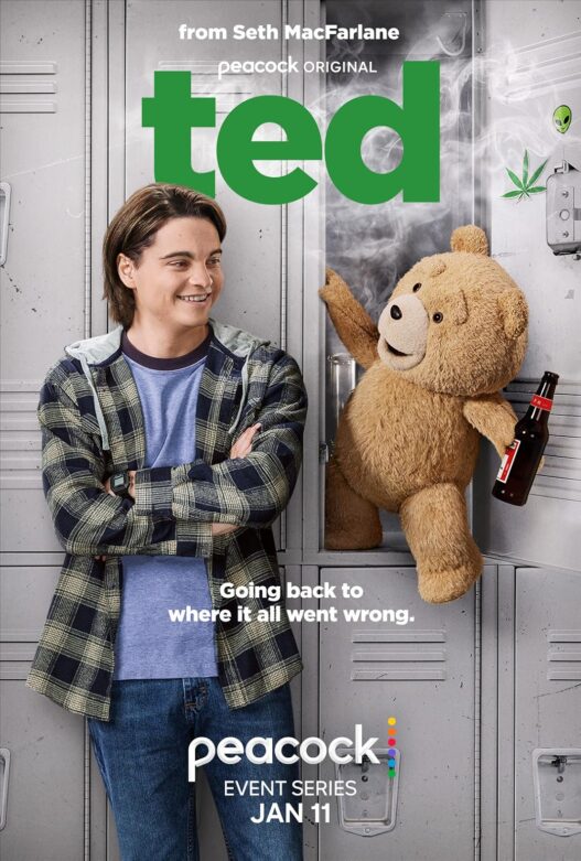 The theatrical poster for Peacock’s “Ted” series featuring the foul‑mouthed teddy bear in his signature comedic pose.