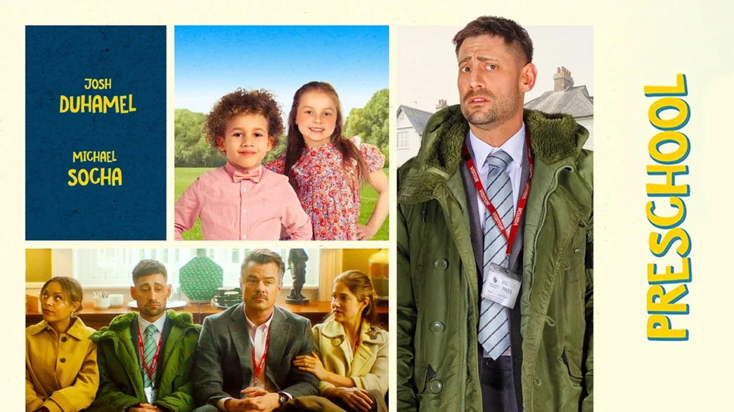 Josh Duhamel and Michael Socha star in the comedy film “Preschool.”