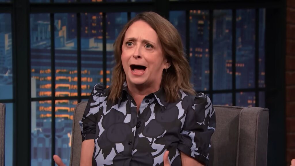 Rachel Dratch laughing during her interview with Seth Meyers.